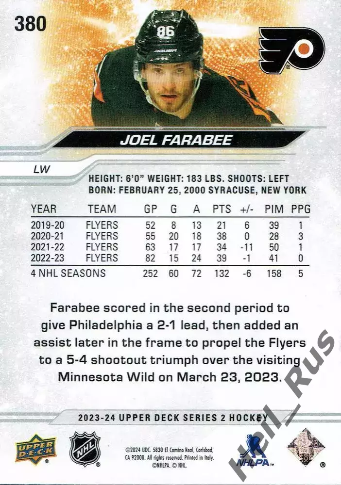 Карточка Farabee/Джоэл Фараби (Philadelphia Flyers/Филадельфия Флайерз) НХЛ/NHL 1