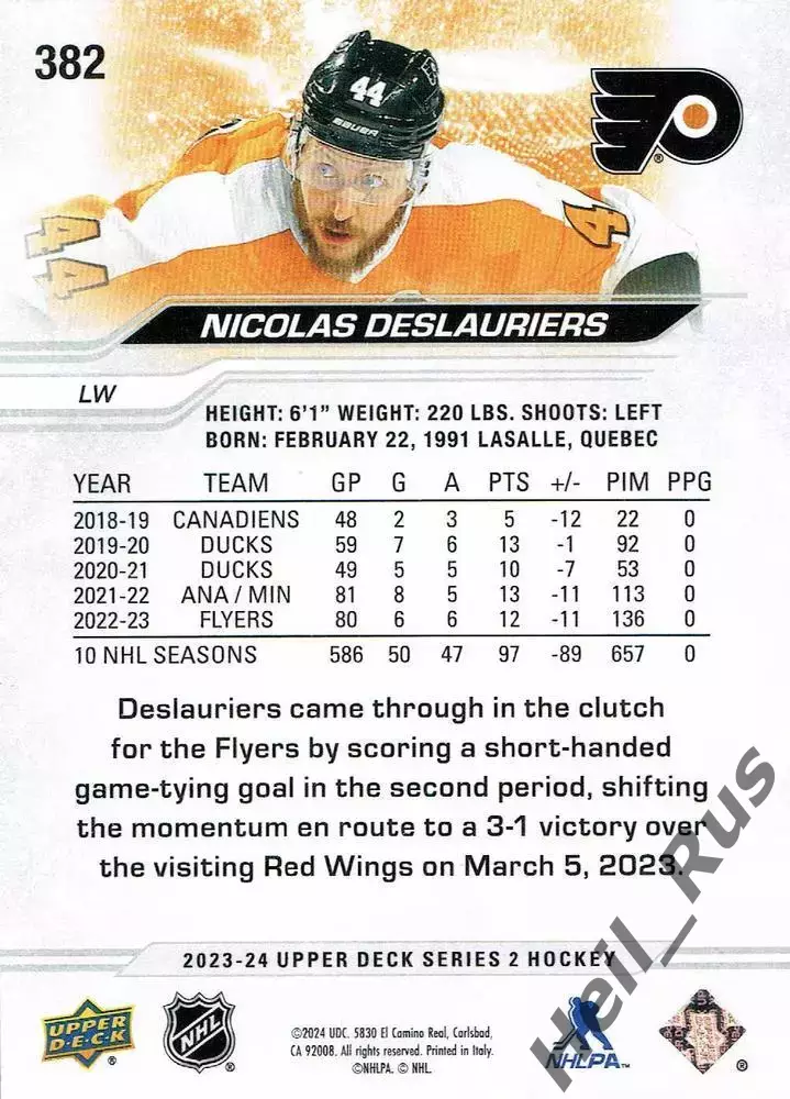 Хоккей Карточка Николя Делорье (Philadelphia Flyers/Филадельфия Флайерз) НХЛ/NHL 1