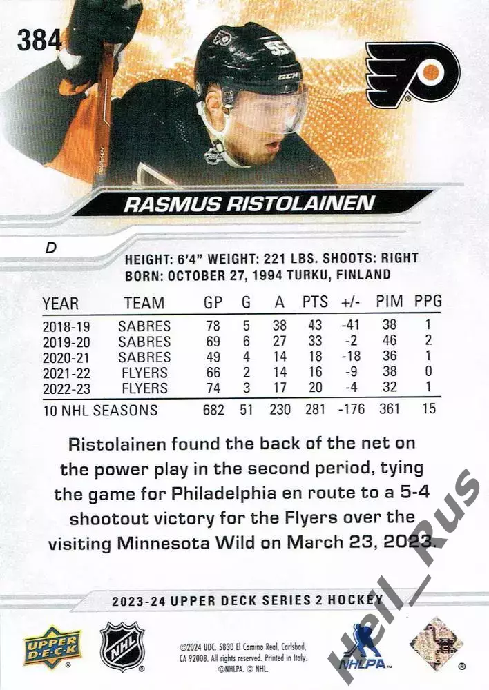 Карточка Расмус Ристолайнен (Philadelphia Flyers/Филадельфия Флайерз) НХЛ/NHL 1