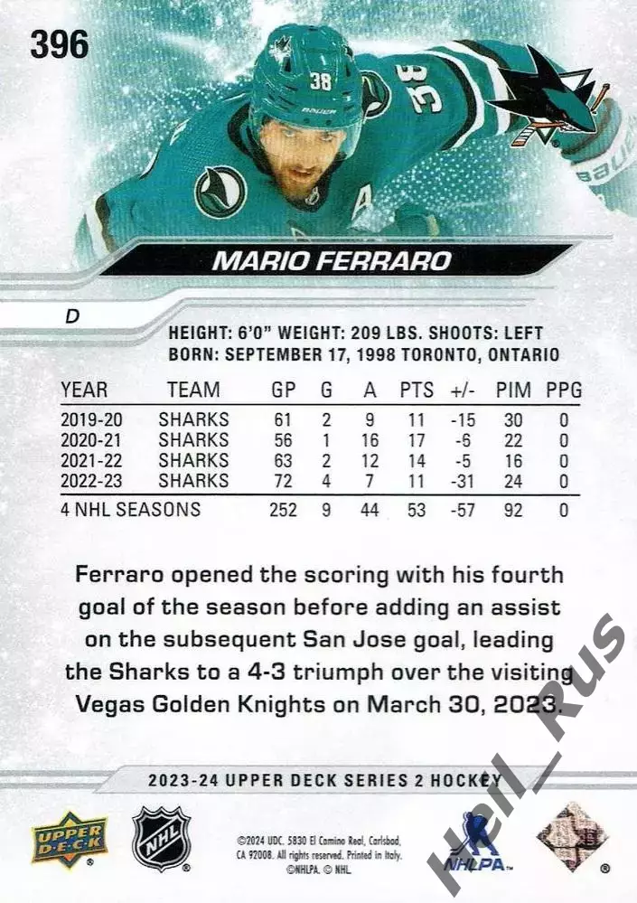 Карточка Mario Ferraro/Марио Ферраро (San Jose Sharks/Сан-Хосе Шаркс) НХЛ/NHL 1