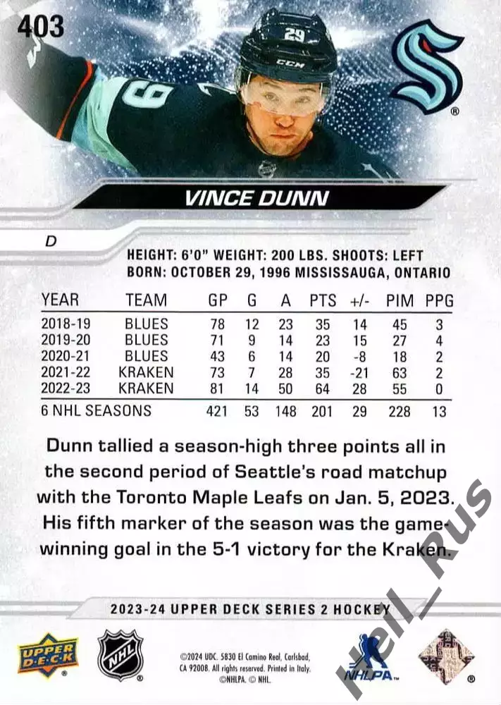 Хоккей. Карточка Vince Dunn/Винс Данн (Seattle Kraken / Сиэтл Кракен) NHL/НХЛ 1