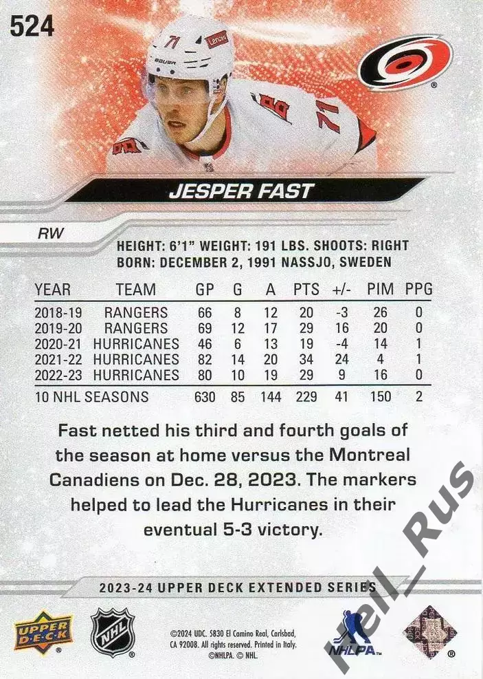 Карточка Jesper Fast/Йеспер Фаст Carolina Hurricanes/Каролина Харрикейнз НХЛ/NHL 1
