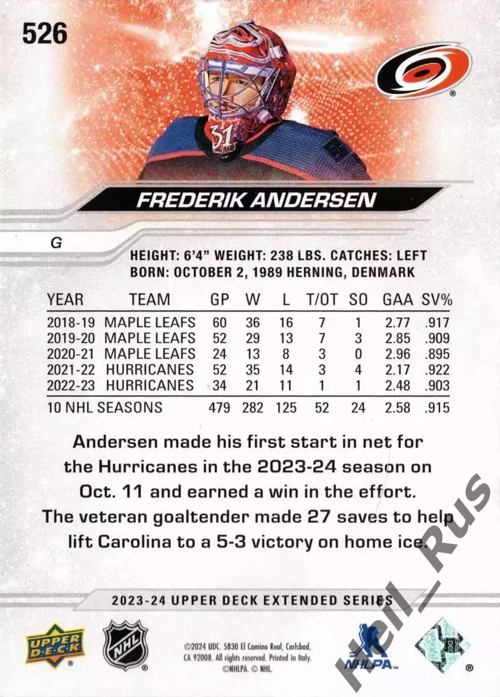 Карточка Фредерик Андерсен (Carolina Hurricanes/Каролина Харрикейнз) НХЛ/NHL 1