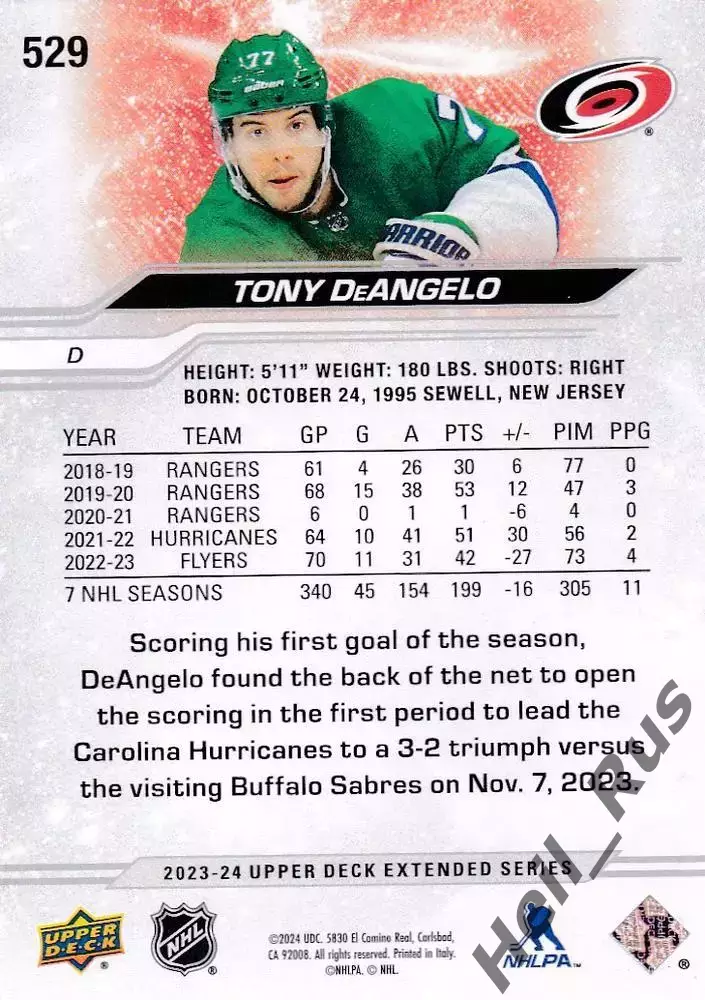 Карточка Тони Деанджело Carolina Hurricanes/Каролина Харрикейнз, СКА НХЛ/NHL/КХЛ 1