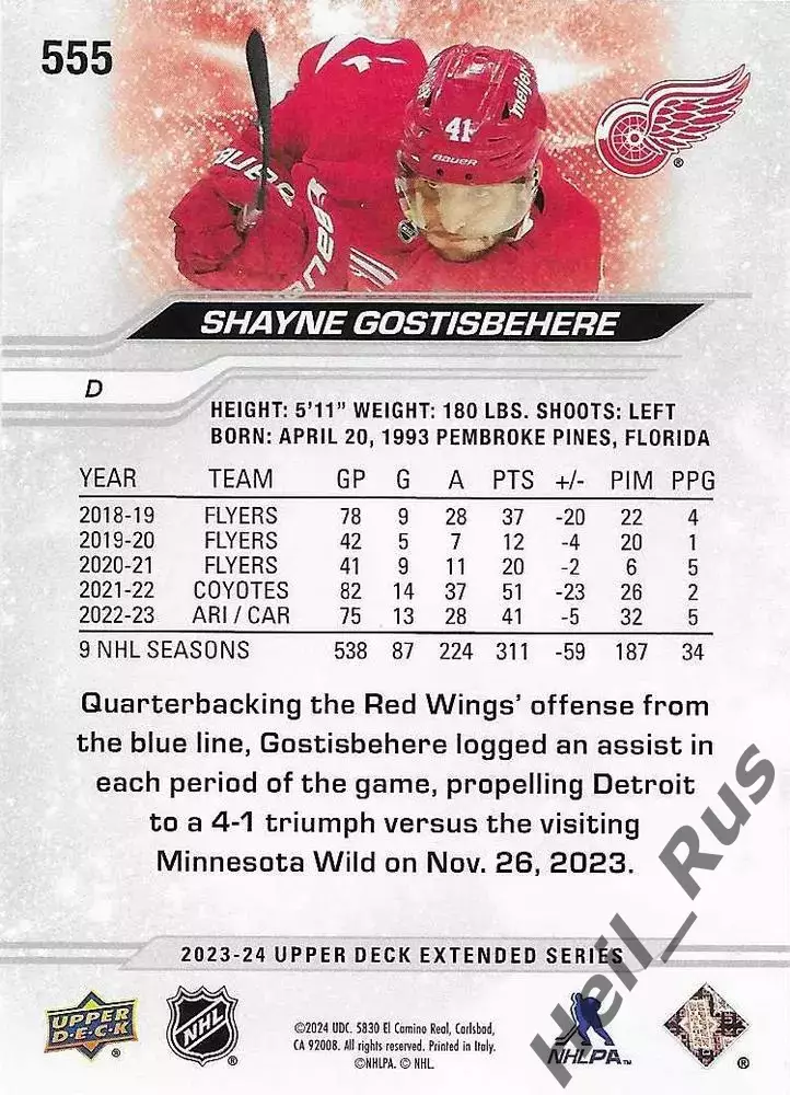 Карточка Shayne Gostisbehere/Шейн Гостисбеер (Detroit Red Wings/Детройт) НХЛ/NHL 1