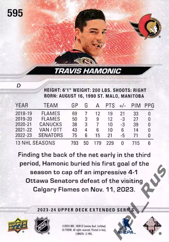 Карточка Travis Hamonic/Трэвис Хэмоник (Ottawa Senators/Оттава Сенаторз) НХЛ/NHL 1