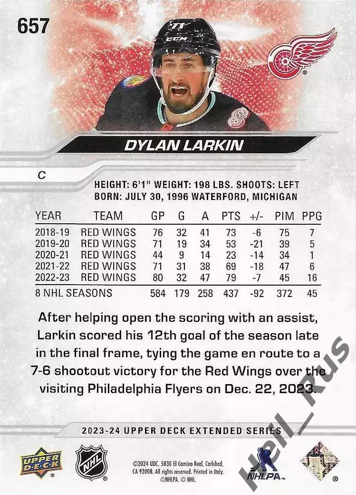 Карточка Dylan Larkin/Дилан Ларкин (Detroit Red Wings/Детройт Ред Уингз) NHL/НХЛ 1