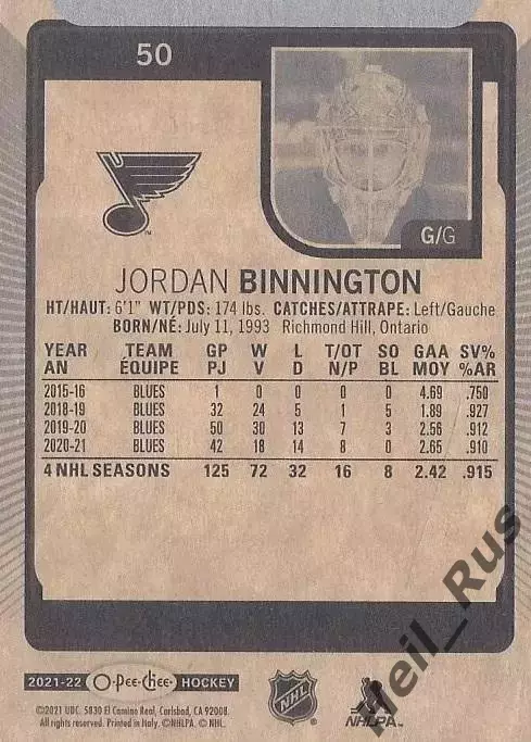 Карточка Binnington/Джордан Биннингтон (St. Louis Blues/Сент-Луис Блюз) НХЛ/NHL 1