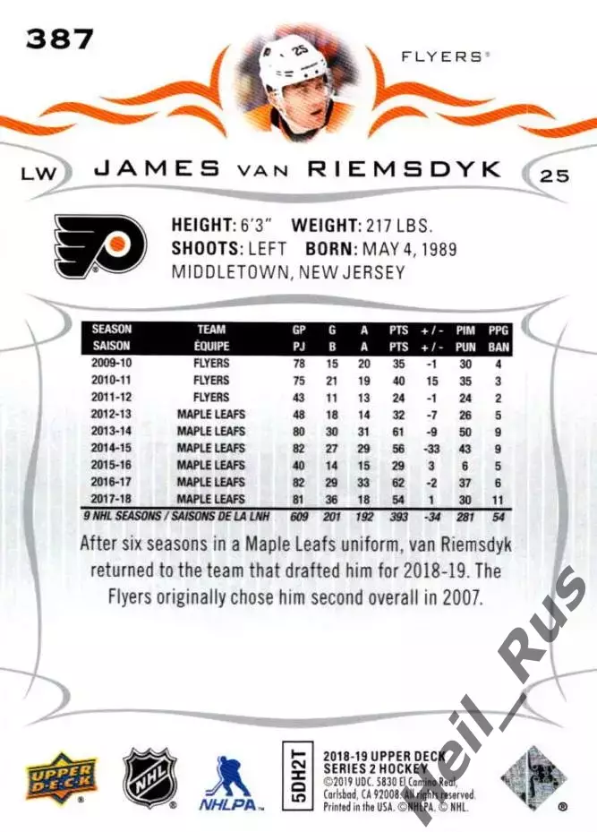 Карточка Джеймс ван Римсдайк (Philadelphia Flyers/Филадельфия Флайерз) NHL/НХЛ 1