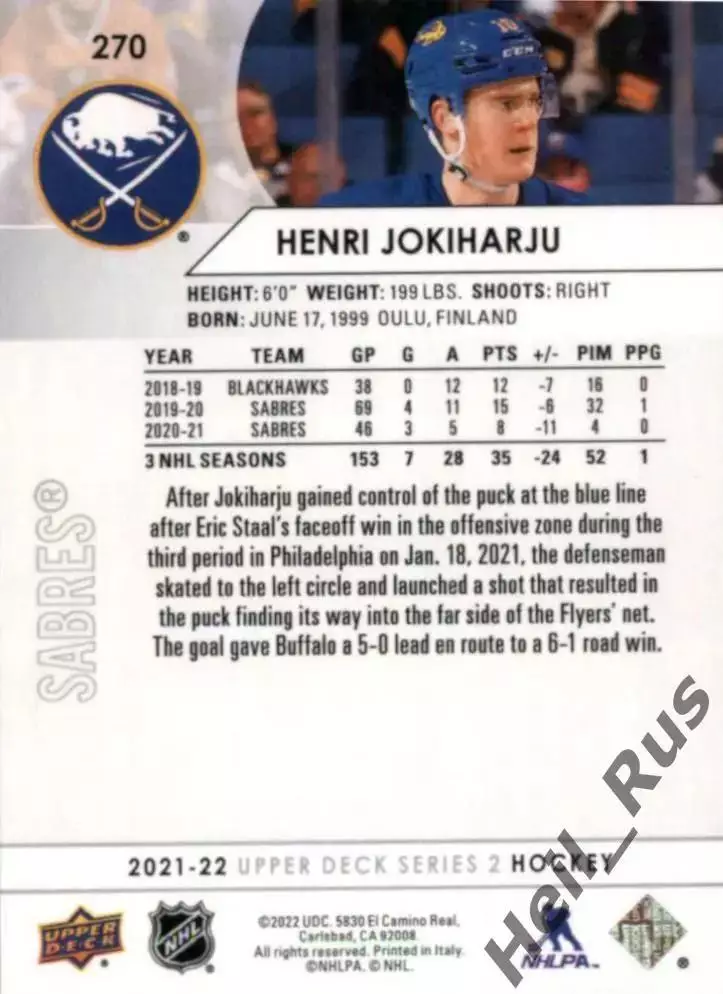 Карточка Henri Jokiharju/Хенри Йокихарью (Buffalo Sabres/Баффало Сейбрз) НХЛ/NHL 1