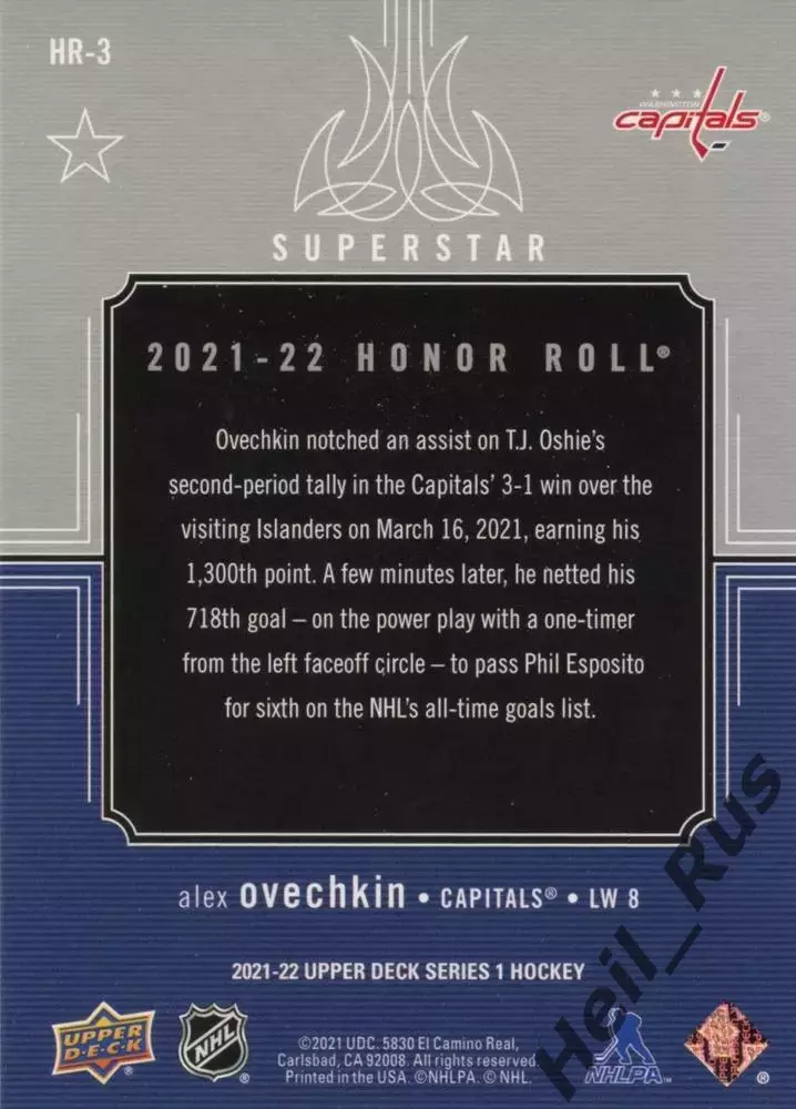 Карточка Александр Овечкин Washington Capitals-Вашингтон, Динамо Москва НХЛ, КХЛ 1