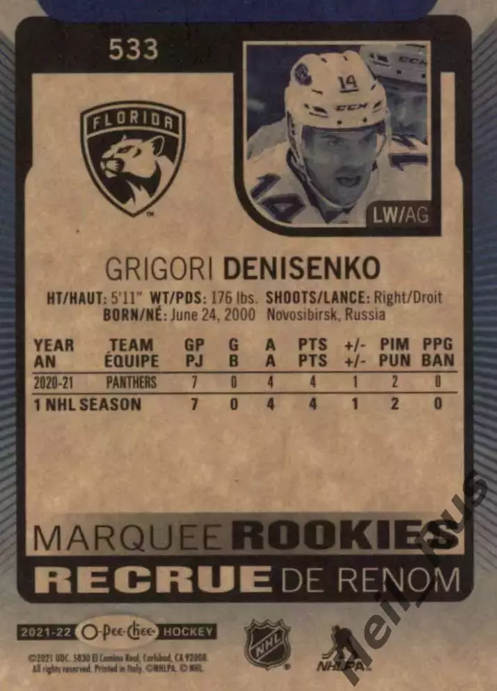 Карточка Григорий Денисенко Флорида Пантерз, Ак Барс/Локомотив/Лада NHL/НХЛ, КХЛ 1