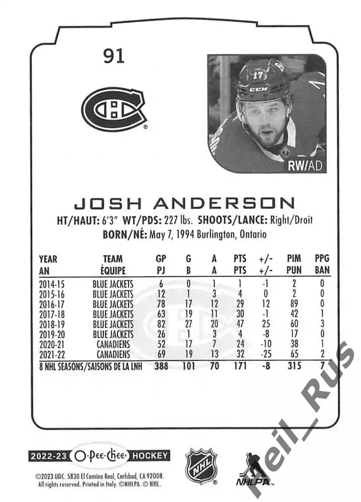 Хоккей. Карточка Josh Anderson/Джош Андерсон Montreal Canadiens/Монреаль NHL/НХЛ 1