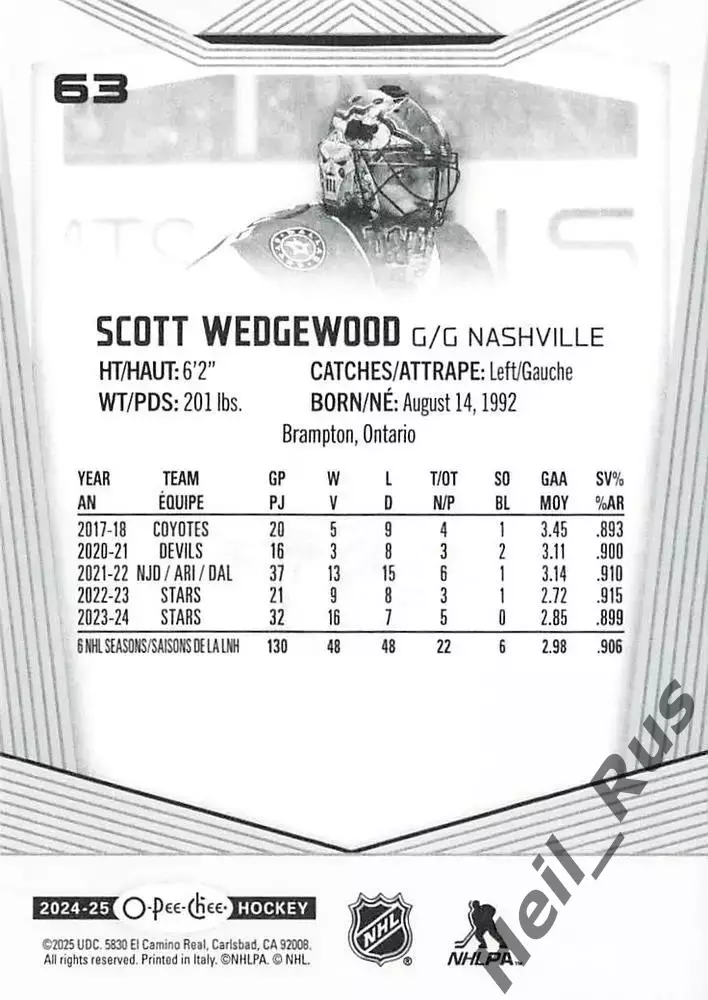 Карточка Scott Wedgewood/Скотт Уэджвуд (Даллас Старз/Нэшвилл Предаторз) НХЛ/NHL 1