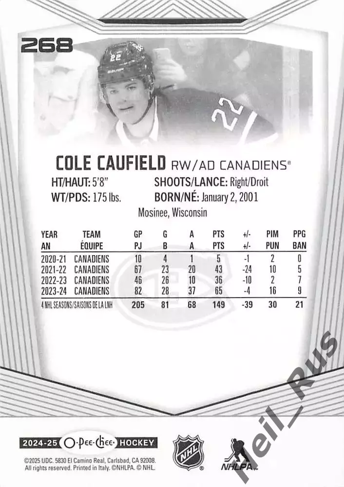 Карточка Cole Caufield/Коул Кофилд Montreal Canadiens/Монреаль Канадиенс НХЛ/NHL 1