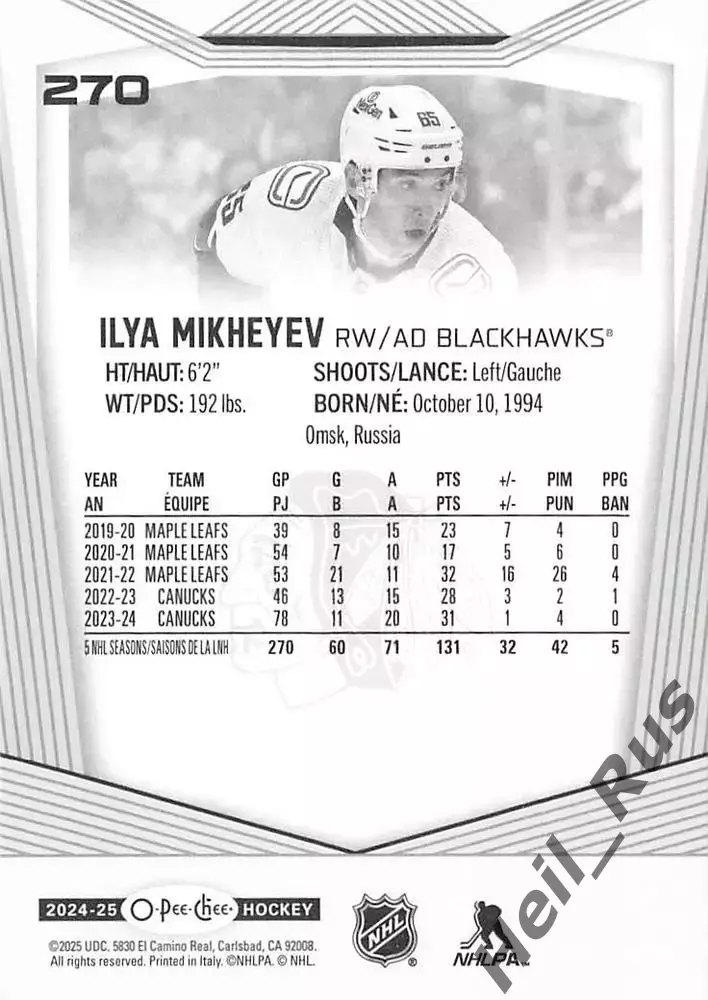Карточка Илья Михеев Ванкувер Кэнакс/Чикаго Блэкхокс, Авангард Омск НХЛ/NHL, КХЛ 1