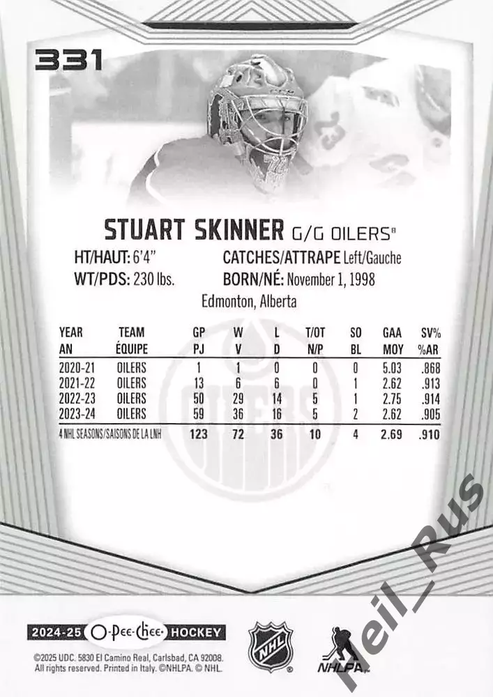 Карточка Stuart Skinner/Стюарт Скиннер (Edmonton Oilers/Эдмонтон Ойлерз) НХЛ/NHL 1
