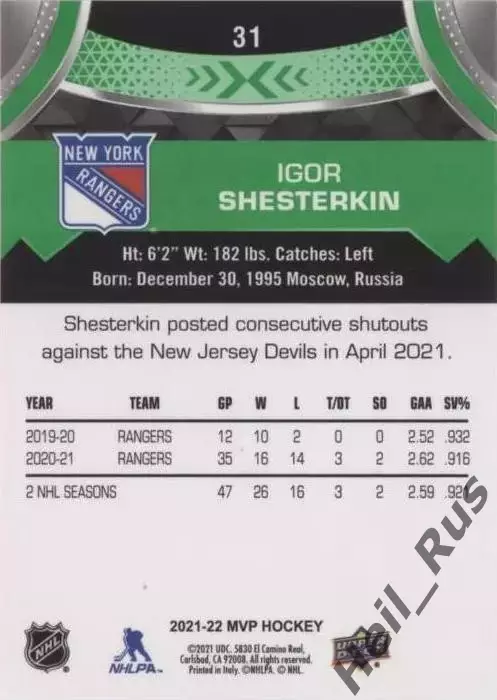 Карточка Игорь Шестеркин New York Rangers/Нью-Йорк Рейнджерс Спартак/СКА НХЛ-КХЛ 1