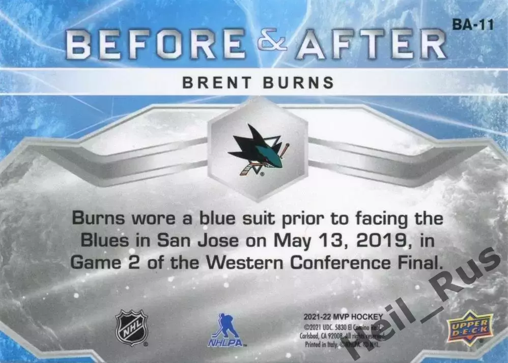 Хоккей; Карточка Brent Burns/Брент Бернс San Jose Sharks/Сан-Хосе Шаркс NHL/НХЛ 1