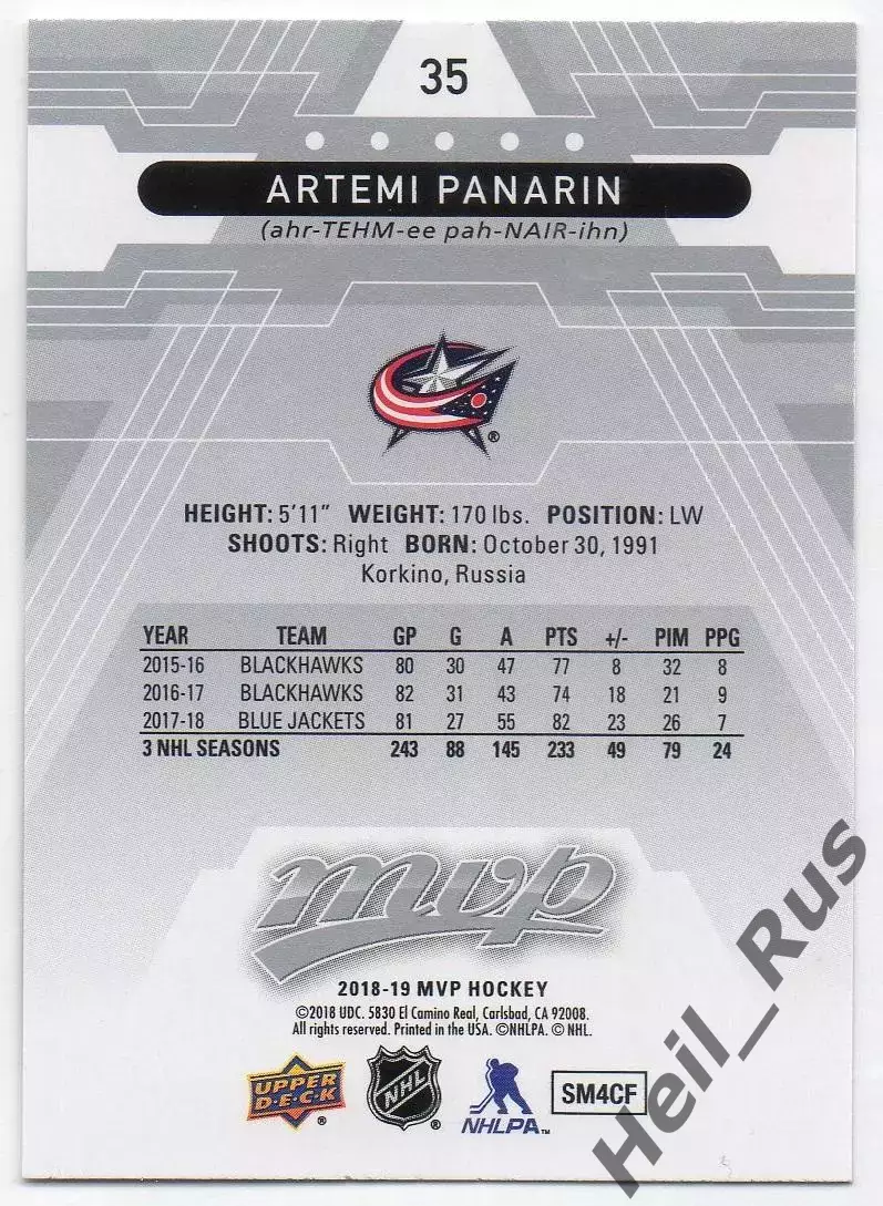 Карточка Артемий Панарин (Коламбус Блю Джекетс, Витязь/СКА/Ак Барс) НХЛ/NHL, КХЛ 1