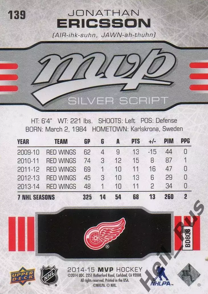 Карточка Jonathan Ericsson/Джонатан Эрикссон (Detroit Red Wings/Детройт) НХЛ/NHL 1