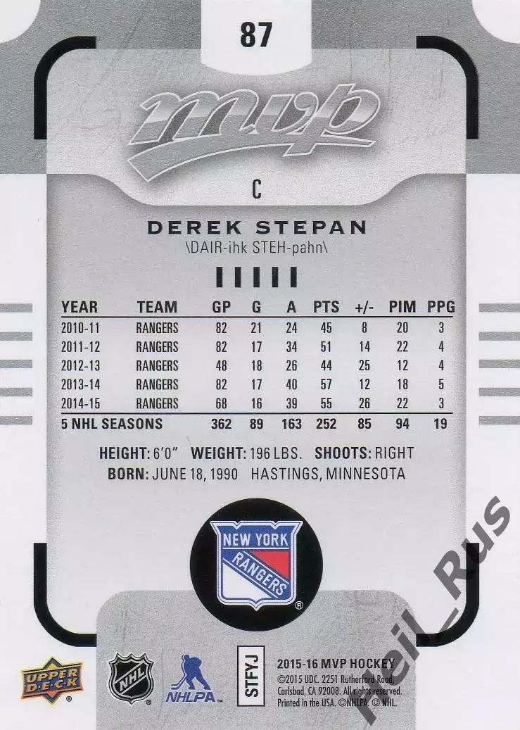 Карточка Derek Stepan / Дерек Степан New York Rangers/Нью-Йорк Рейнджерс НХЛ/NHL 1