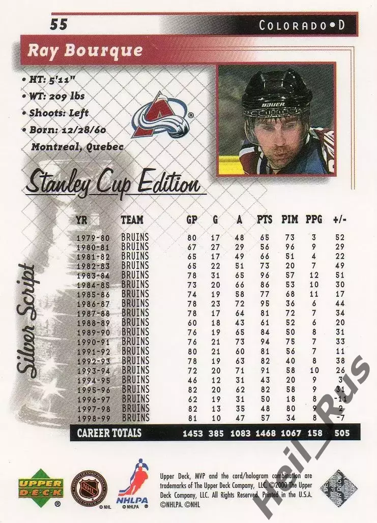 Хоккей Карточка Ray Bourque/Рэй Бурк Colorado Avalanche/Колорадо Эвеланш НХЛ/NHL 1