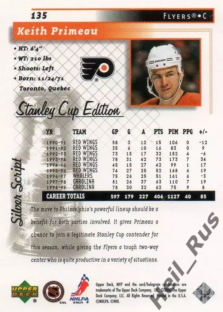 Карточка Keith Primeau/Кит Примо Philadelphia Flyers/Филадельфия Флайерз НХЛ/NHL 1