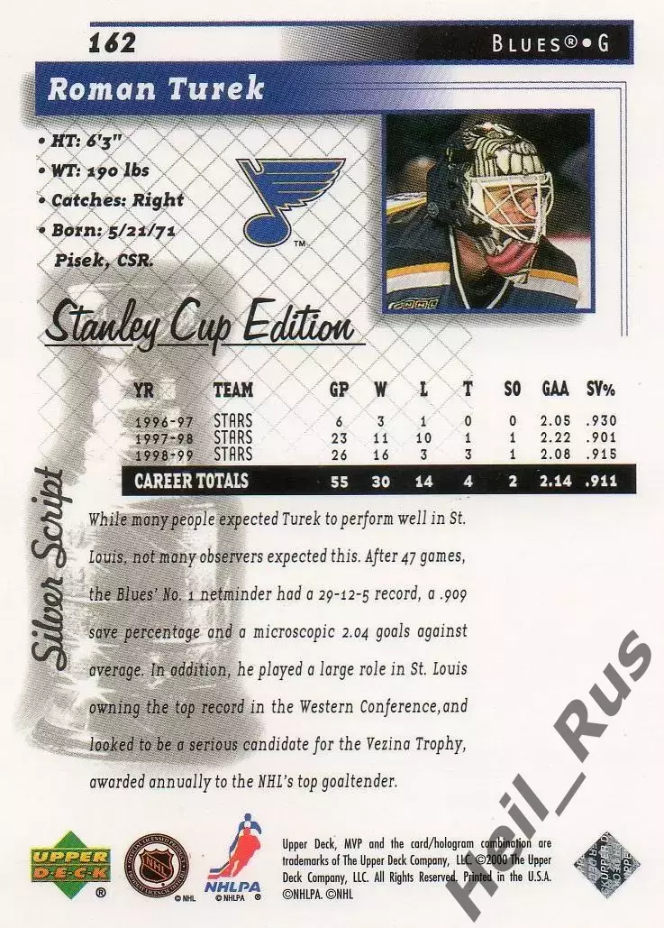 Хоккей Карточка Roman Turek/Роман Турек (St. Louis Blues/Сент-Луис Блюз) НХЛ/NHL 1