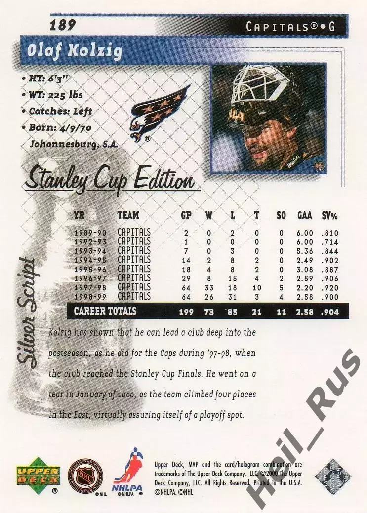 Карточка Olaf Kolzig/Олаф Колциг Washington Capitals/Вашингтон Кэпиталз НХЛ/NHL 1