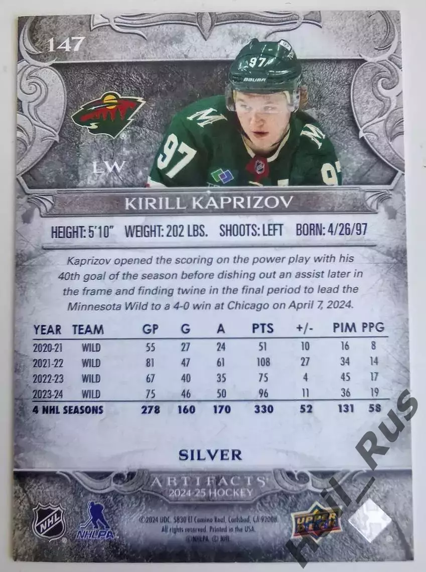 Карточка Кирилл Капризов Minnesota Wild/Миннесота ЦСКА/Салават Юлаев НХЛ/NHL/КХЛ 1