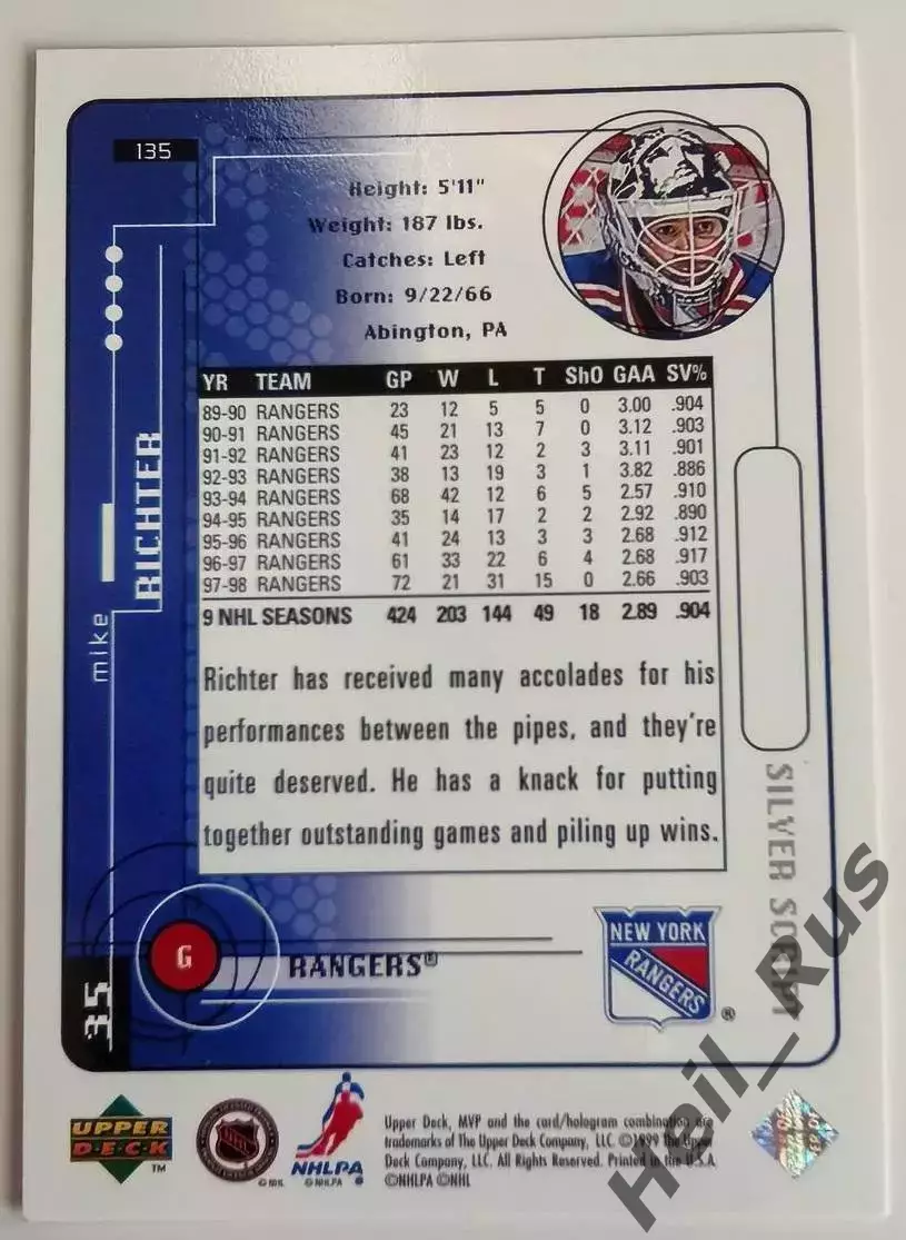 Карточка Mike Richter/Майк Рихтер (New York Rangers/Нью-Йорк Рейнджерс) НХЛ/NHL 1