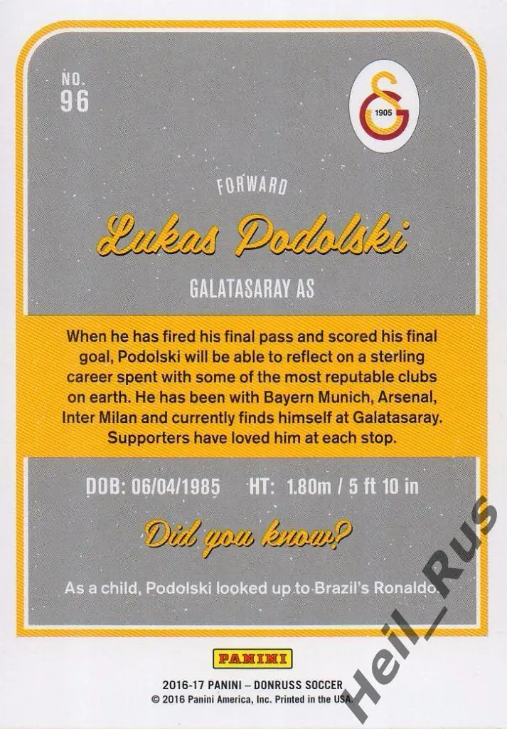 Футбол. Карточка Лукас Подольски (Галатасарай/Арсенал/Бавария/Кельн) Panini 2016 1