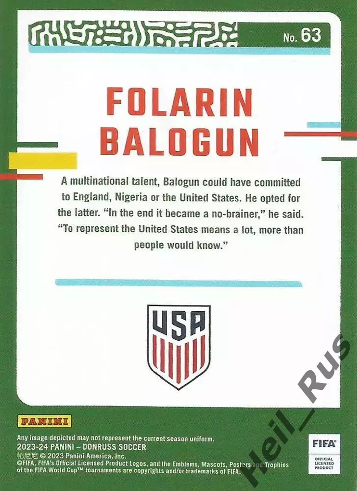 Футбол. Карточка Folarin Balogun/Фоларин Балогун USA/США, Арсенал, Монако Panini 1