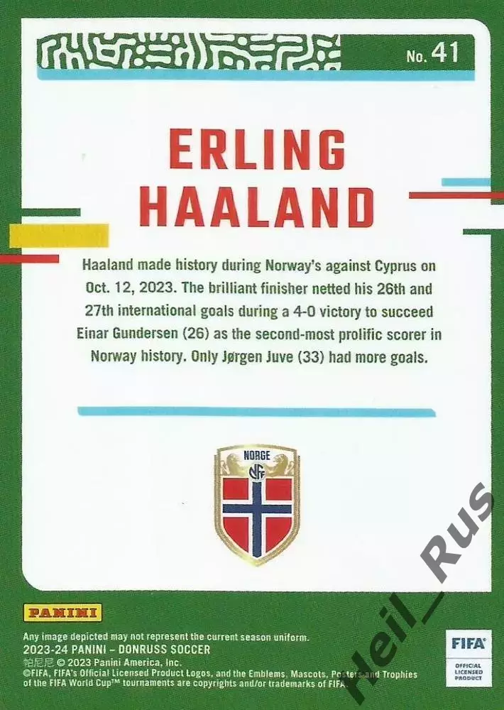 Футбол Карточка Эрлинг Холанн Норвегия, Манчестер Сити, Боруссия Дортмунд Panini 1