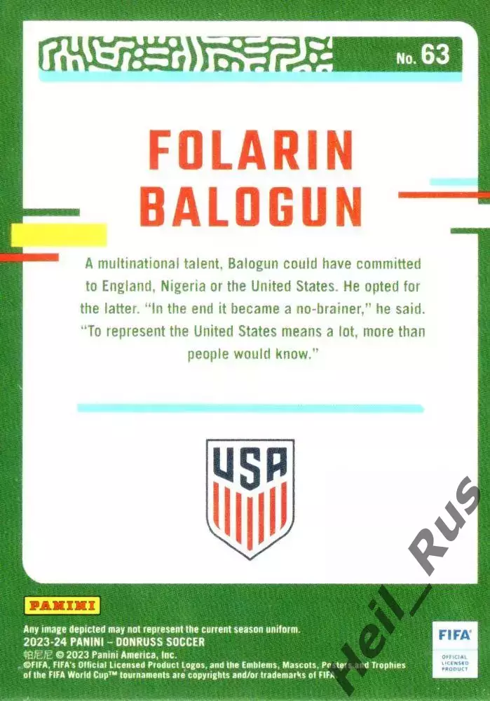 Футбол. Карточка Folarin Balogun/Фоларин Балогун USA/США, Арсенал, Монако Panini 1