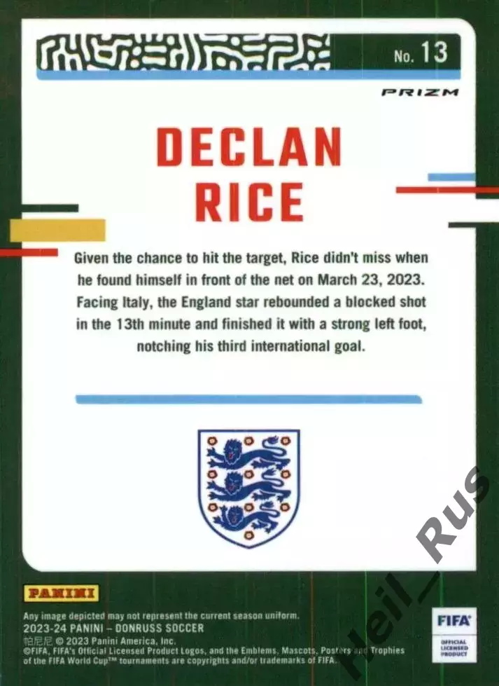 Футбол Карточка Declan Rice/Деклан Райс Англия, Вест Хэм Юнайтед, Арсенал Panini 1