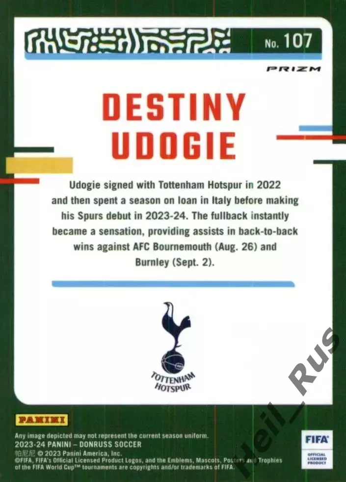 Футбол; Карточка Destiny Udogie/Дестини Удоджи Тоттенхэм Хотспур, Удинезе Panini 1
