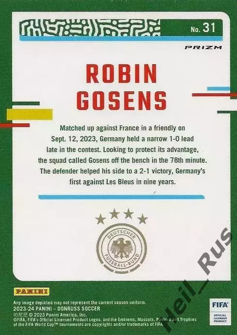 Футбол. Карточка Робин Госенс Германия, Аталанта/Интер/Фиорентина Panini 2023/24 1
