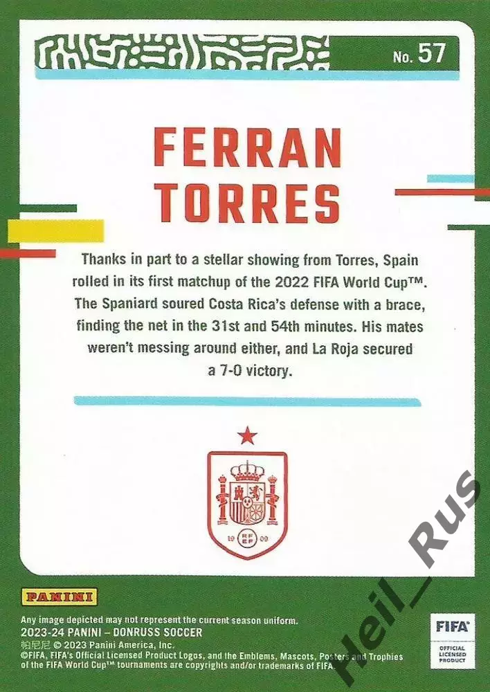 Футбол; Карточка Ферран Торрес Испания, Барселона/Валенсия/Манчестер Сити Panini 1