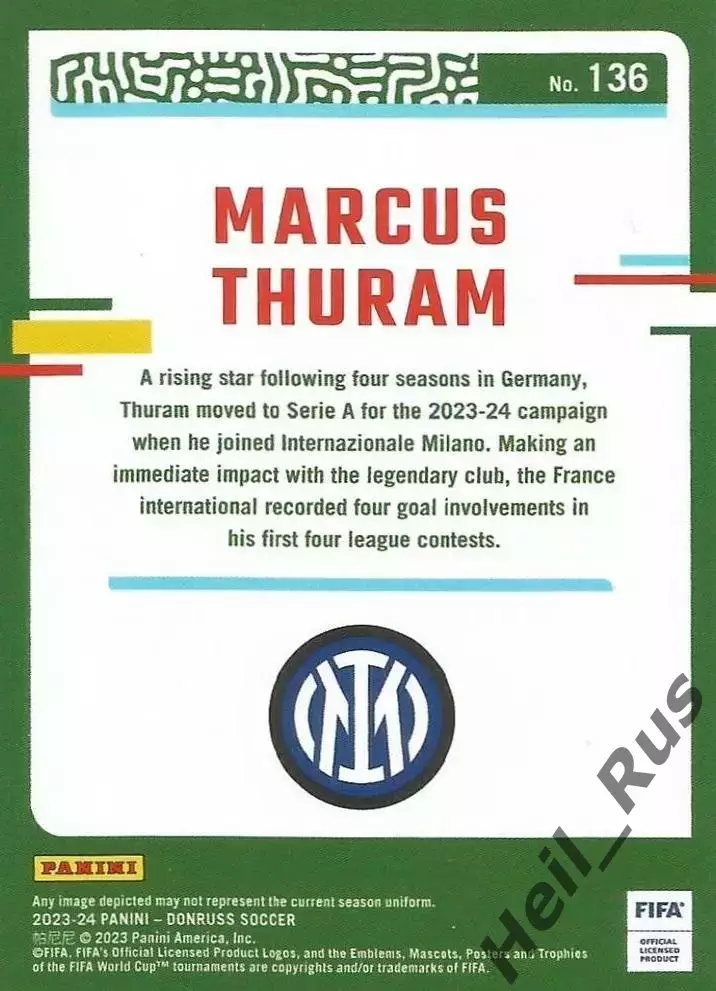 Футбол. Карточка Marcus Thuram/Маркус Тюрам Интер, Боруссия Менхенгладбах Panini 1