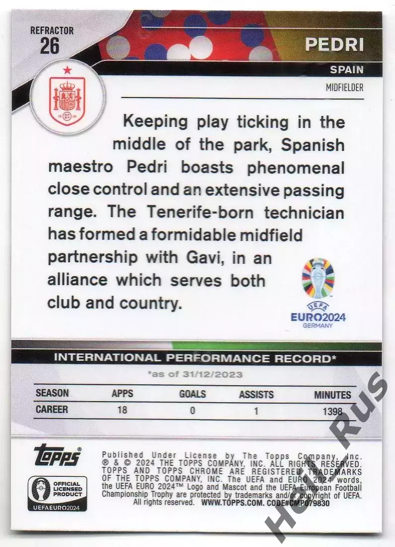 Футбол. Карточка Pedri/Педри Испания, Барселона/Лас-Пальмас Euro/Евро 2024 TOPPS 1