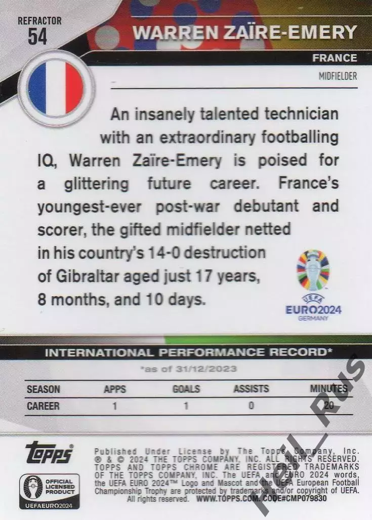 Футбол. Карточка Уоррен Заир-Эмери (Франция, Пари Сен-Жермен/ПСЖ) Euro/Евро 2024 1