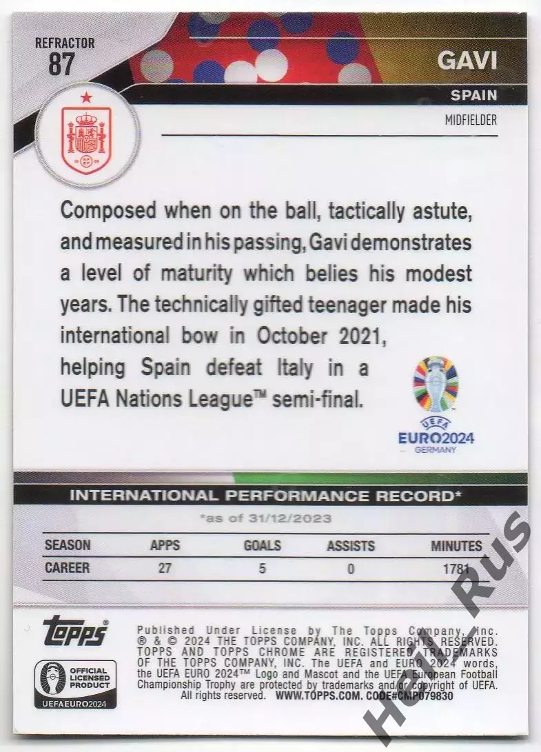 Футбол. Карточка Gavi/Гави Испания, FC Barcelona/Барселона Euro/Евро 2024 TOPPS 1