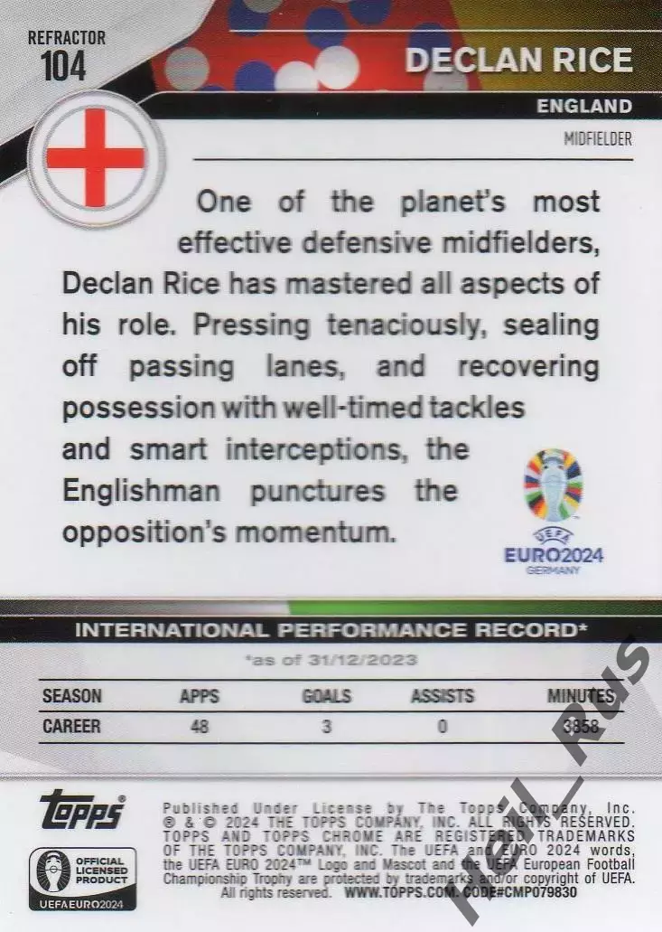 Футбол; Карточка Деклан Райс (Англия, Арсенал, Вест Хэм Юнайтед) Евро/Euro 2024 1