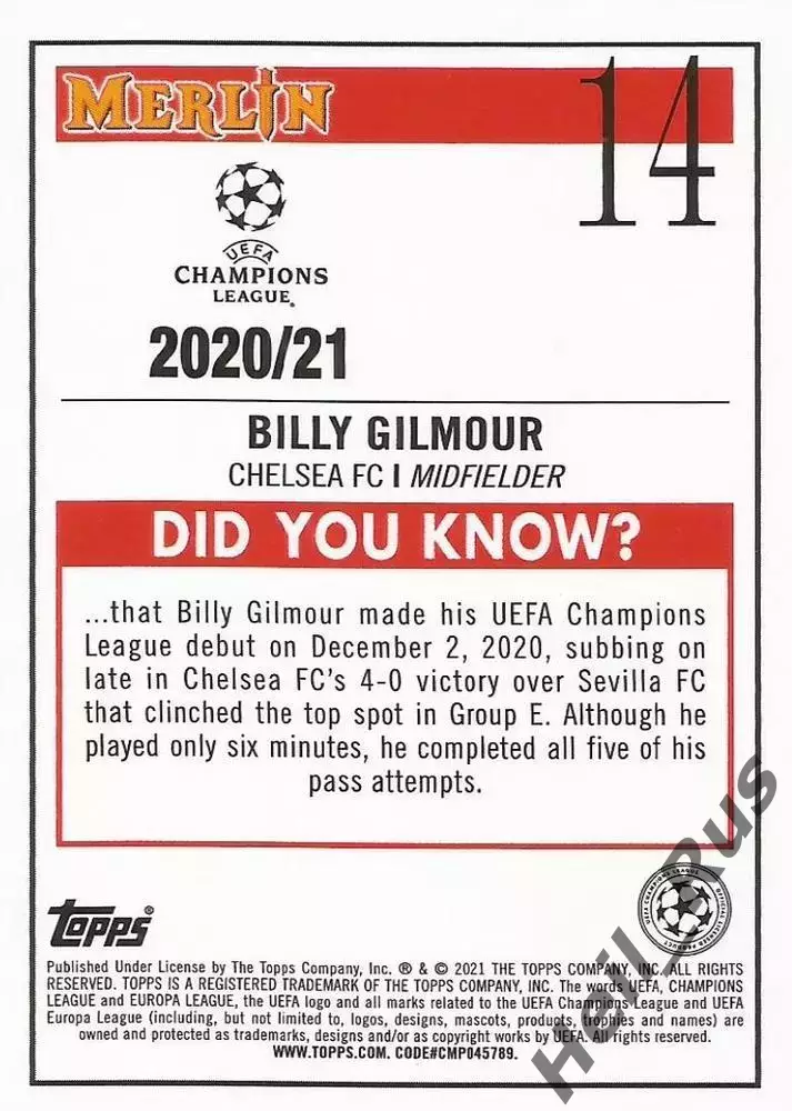Карточка Билли Гилмор (Челси, Наполи, Брайтон энд Хоув) Лига Чемпионов 2020-21 1