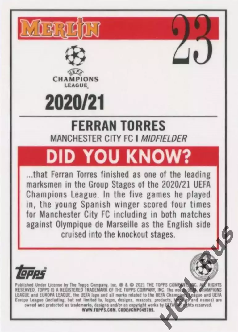 Карточка Ферран Торрес Манчестер Сити, Барселона/Валенсия Лига Чемпионов 2020-21 1