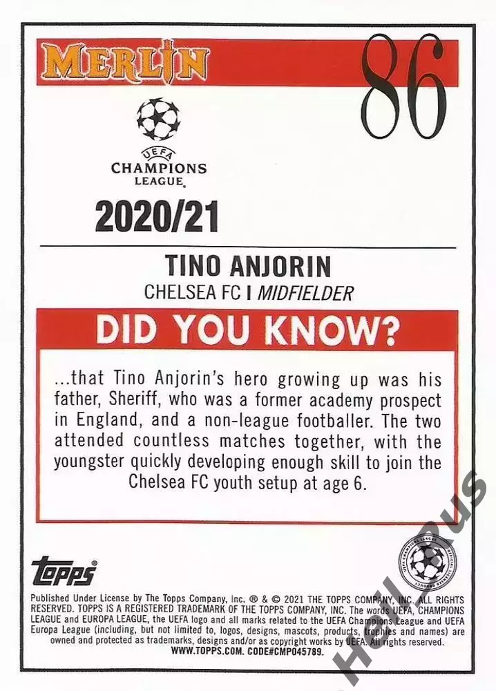 Карточка Тино Анджорин (Челси, Локомотив Москва, Эмполи) Лига Чемпионов 2020-21 1
