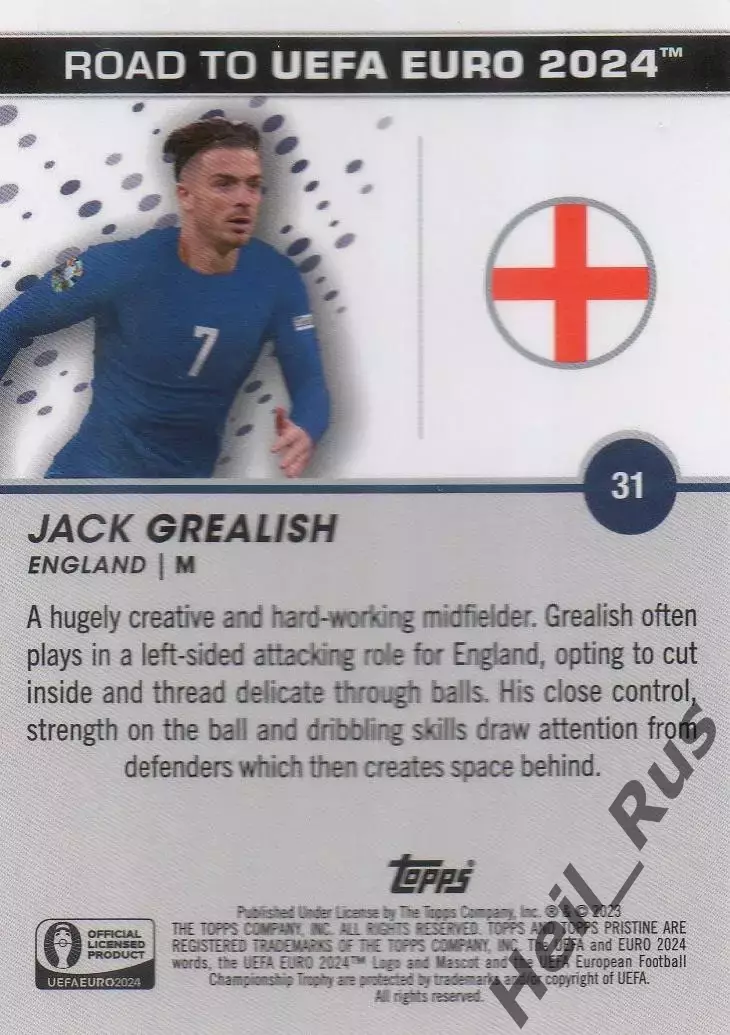 Карточка Джек Грилиш (Англия, Манчестер Сити/Астон Вилла/Эвертон) Euro/Евро 2024 1