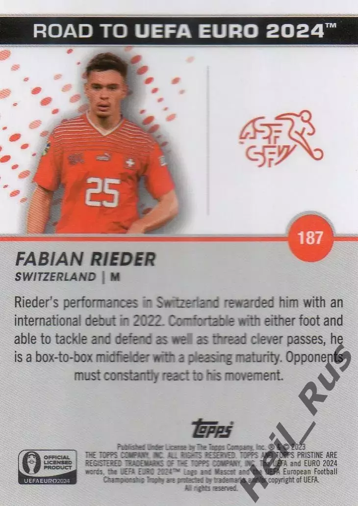 Карточка Фабиан Ридер (Швейцария, Аугсбург, Штутгарт, Ренн) Euro/Евро 2024 TOPPS 1